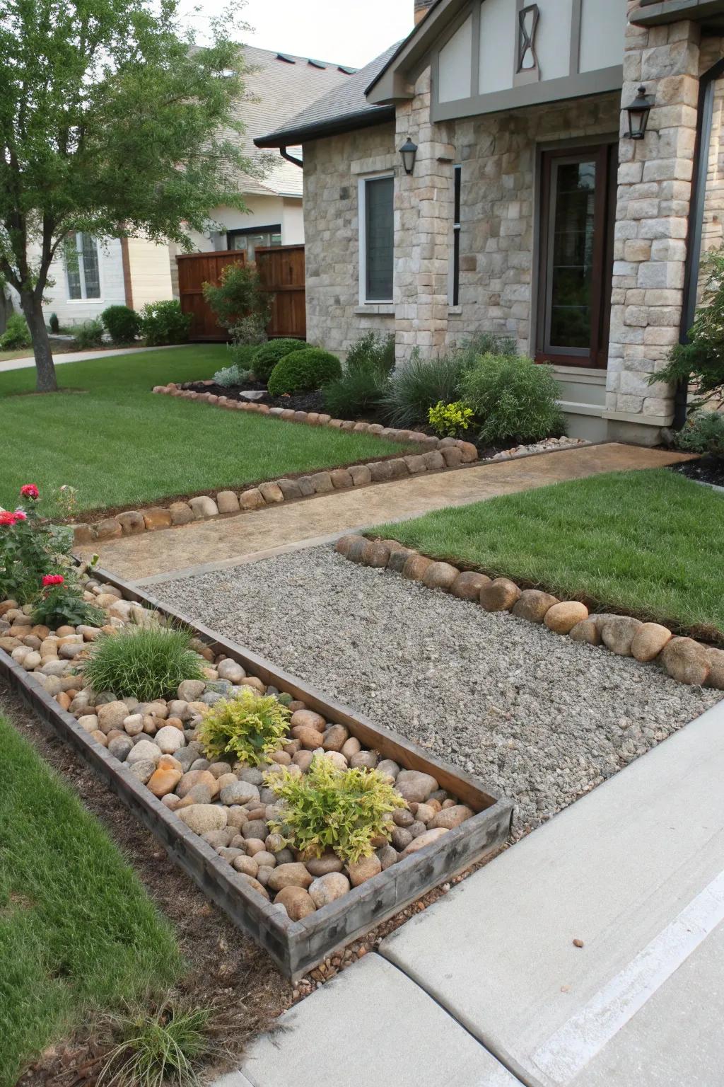 Defined boundaries with boulders and metallic edging yield a polished aesthetic.