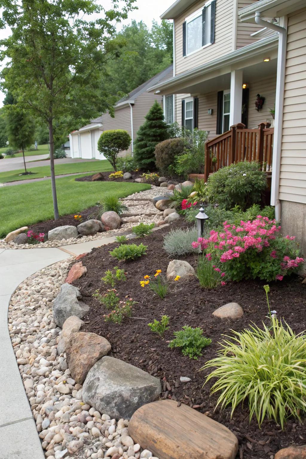 Mulch adds texture and contrast to rock landscapes.