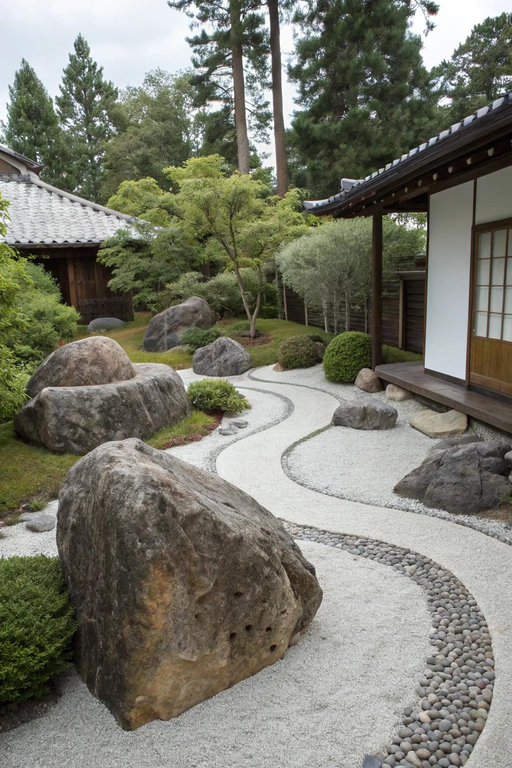 A study in simplicity: a modern front yard enhanced with artful stone arrangements.