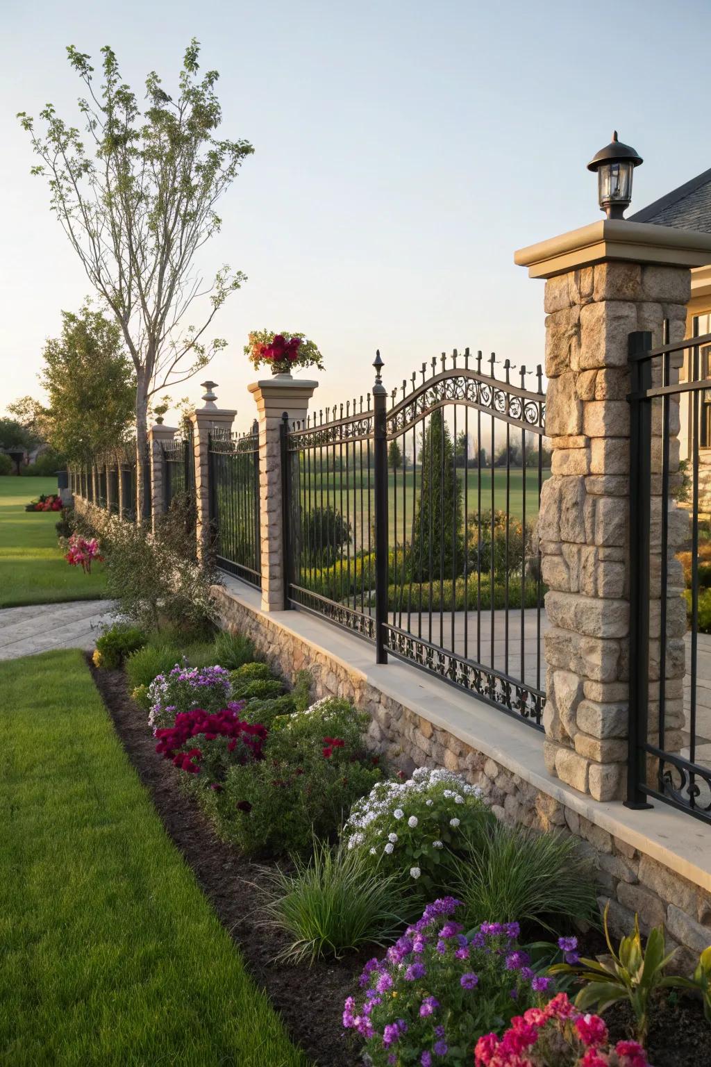 A metal artistry barrier paired with stone pillars for a traditional appearance.