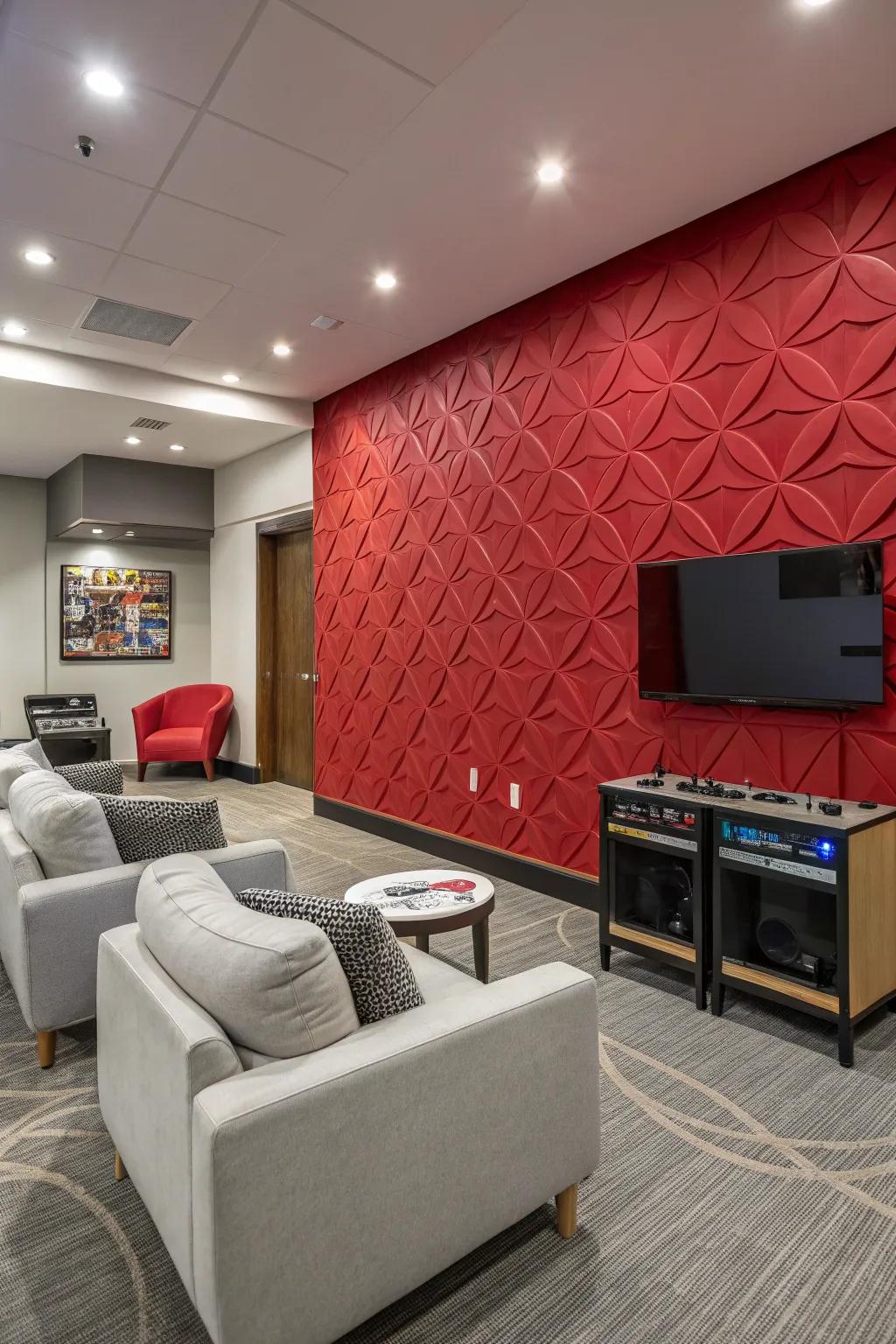A scarlet accent wall adds boldness and excitement to your game room.