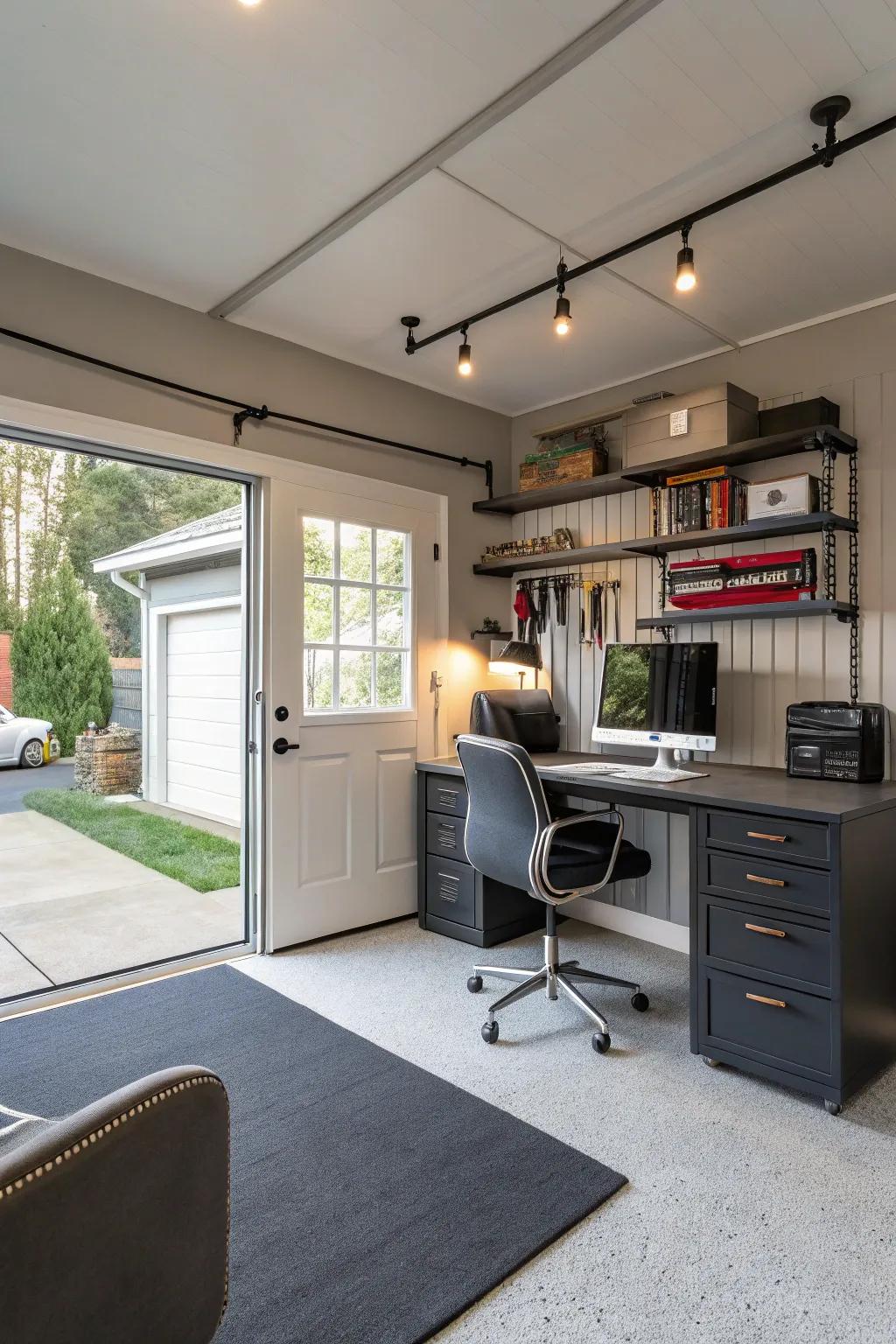 A garage designed as a functional home workspace.