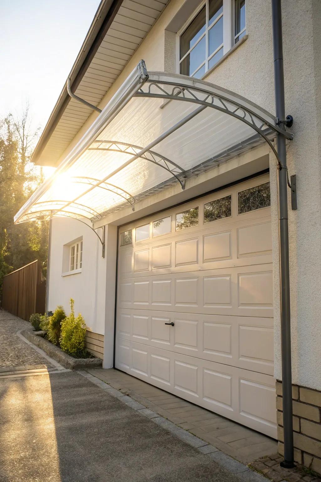 Modern polycarbonate panel awning with light-filtering properties.