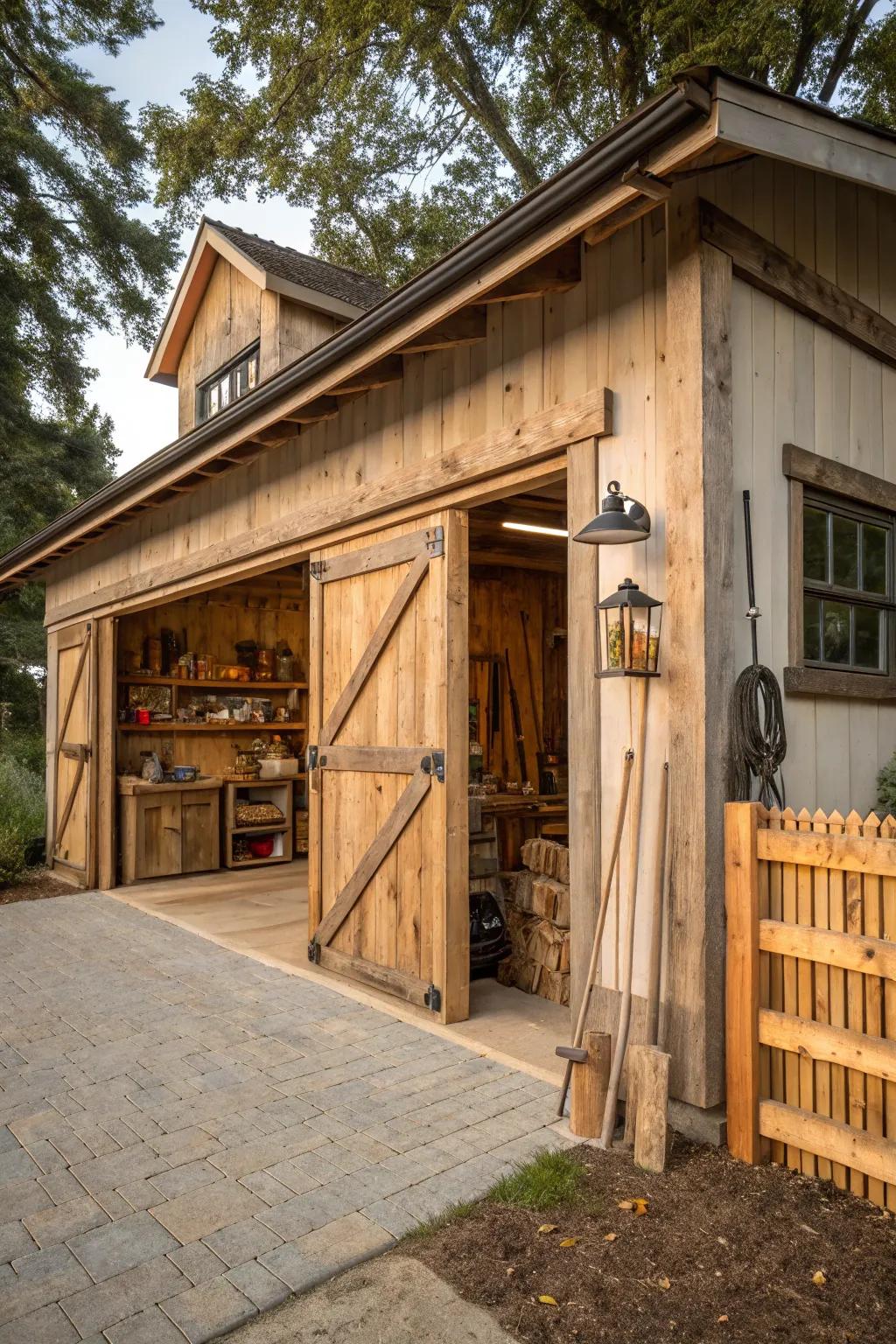 A charming rural barn-style garage with wooden features.