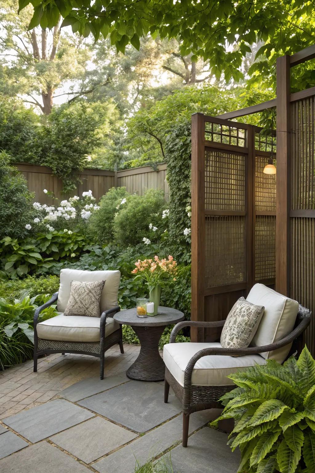 Craft a calming retreat with integrated seating and screening solutions.
