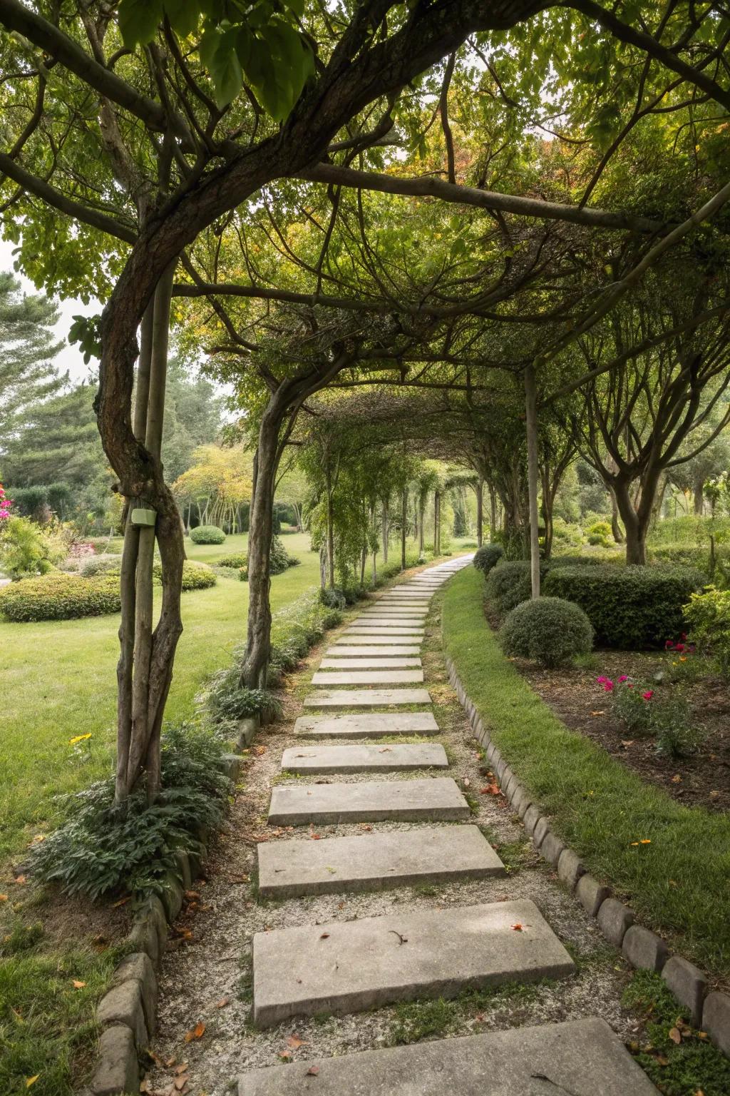 A stunning walkway enhanced by trees and harmonious stepping stones.