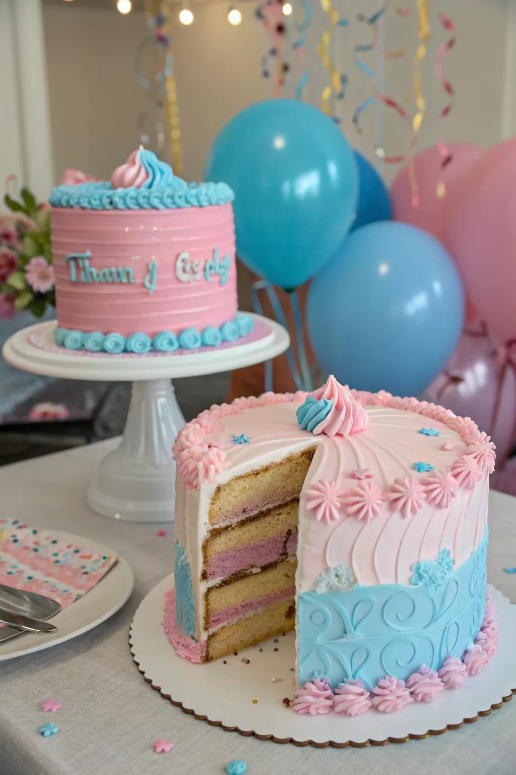 A show-stopping gender reveal cake poised to astonish guests.