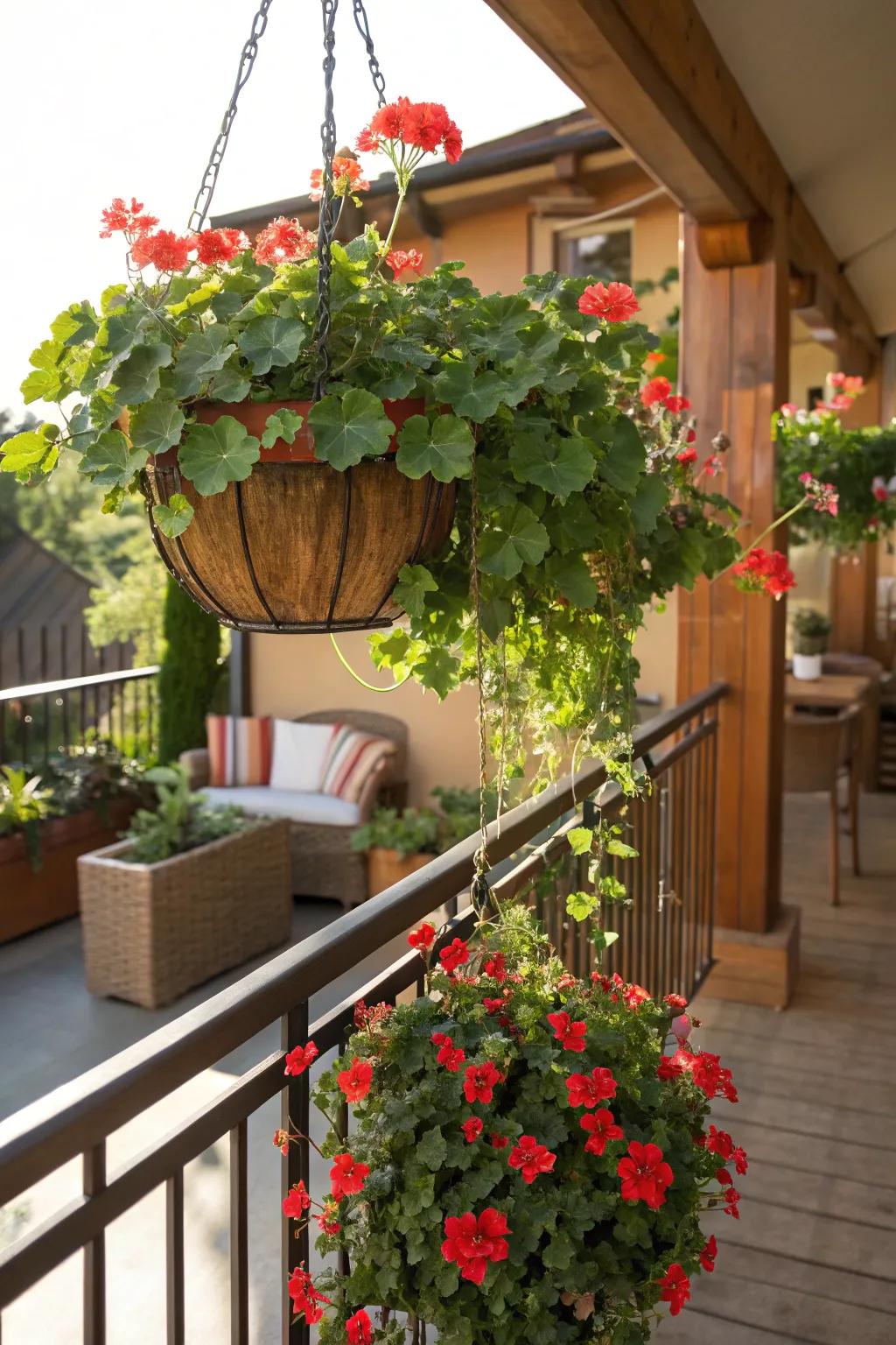 A hanging basket, brimming with cascading ivy geraniums, graces a sun-kissed balcony.