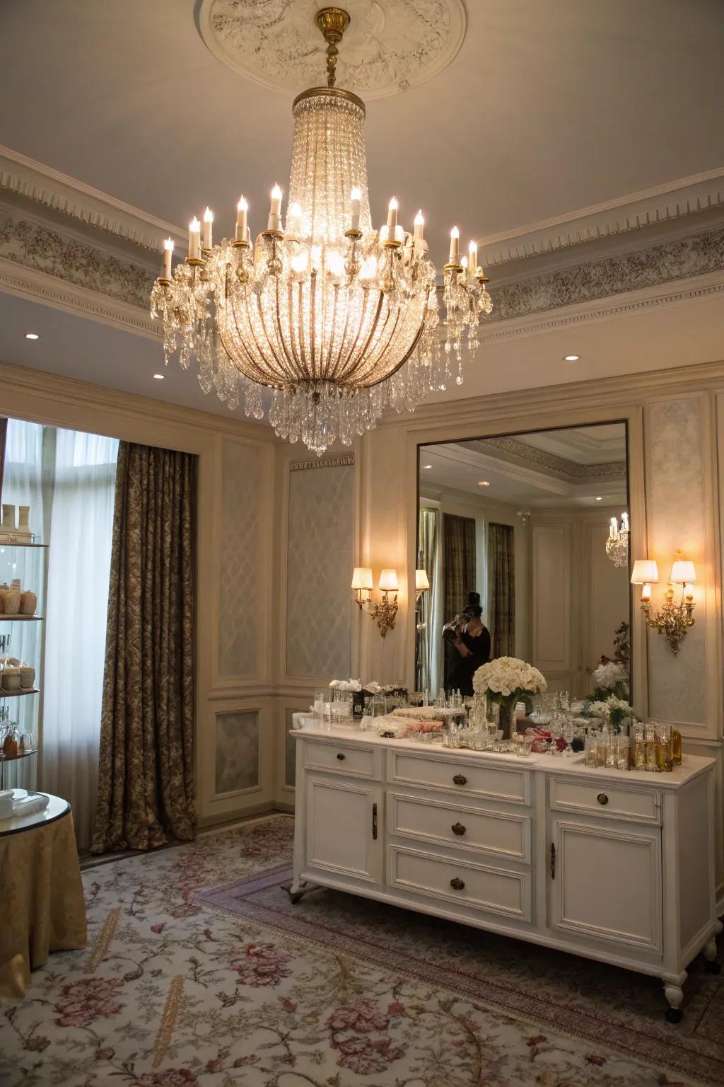 Chandeliers give any get ready room an aura of sophistication.