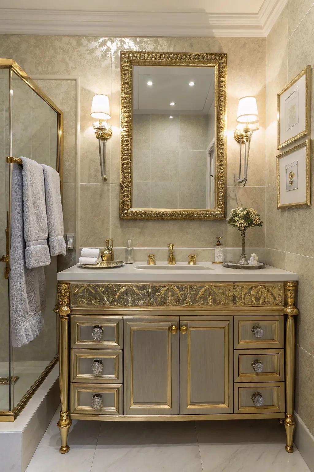 A modern bathroom enhanced with gold fixtures and silver decor elements.