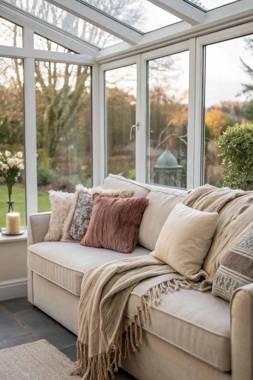 A comfy corner sofa ideal for relaxation in a glass extension.