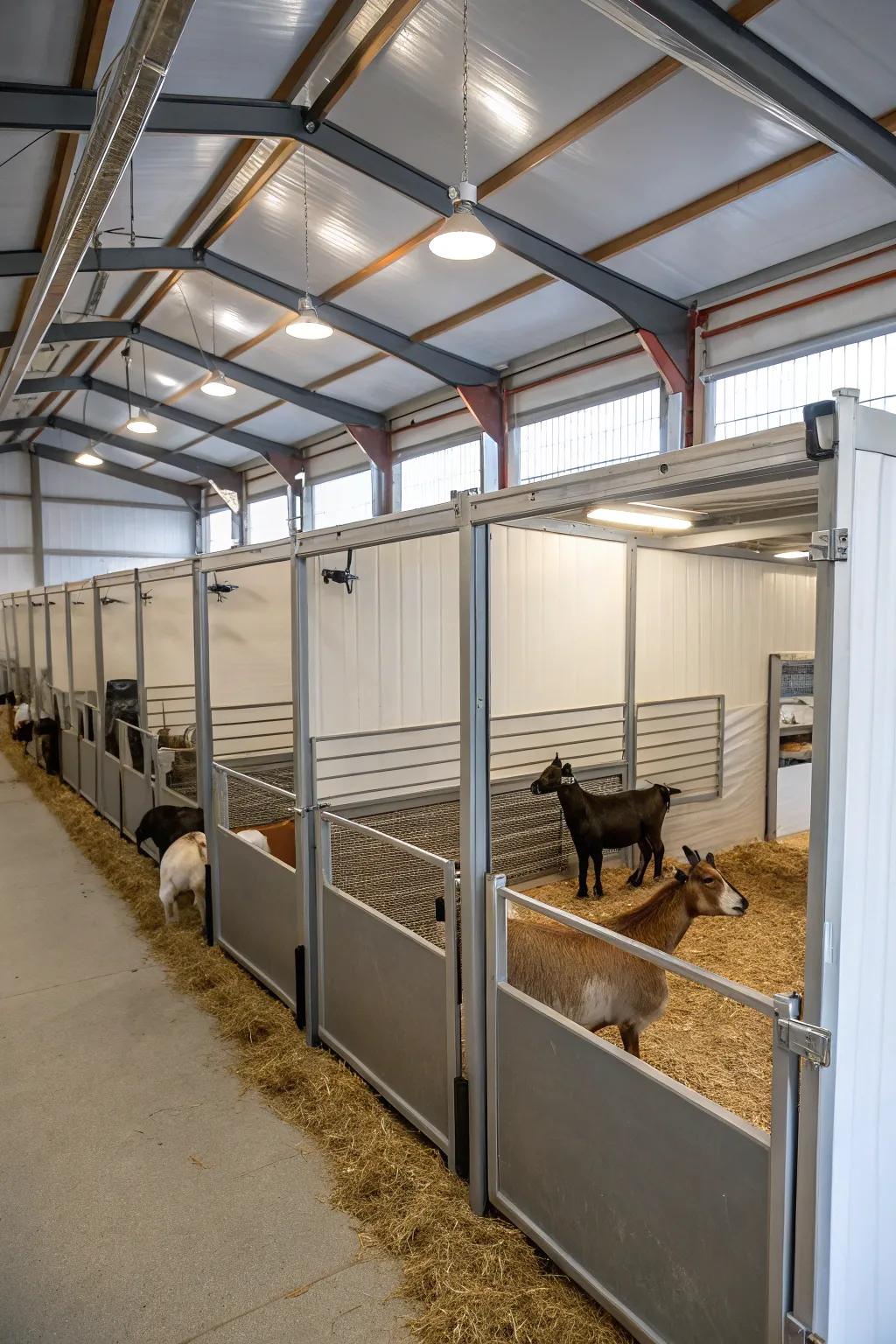 A modular goat barn with reconfigurable stalls for versatility.