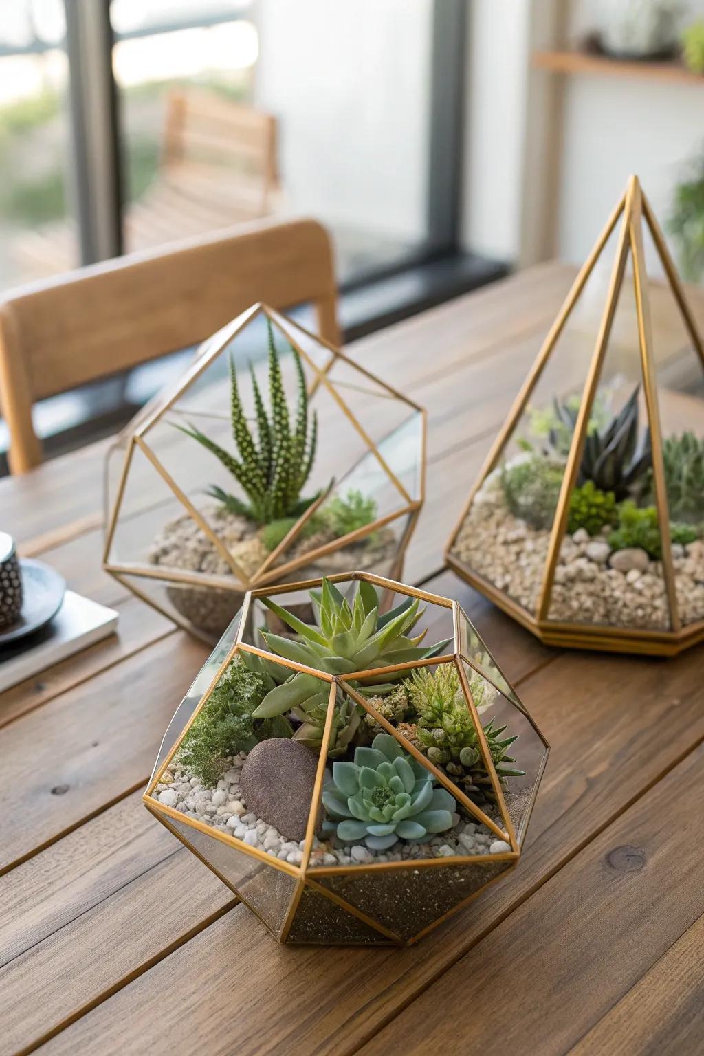 Modern and low-maintenance gilded terrarium focal points.