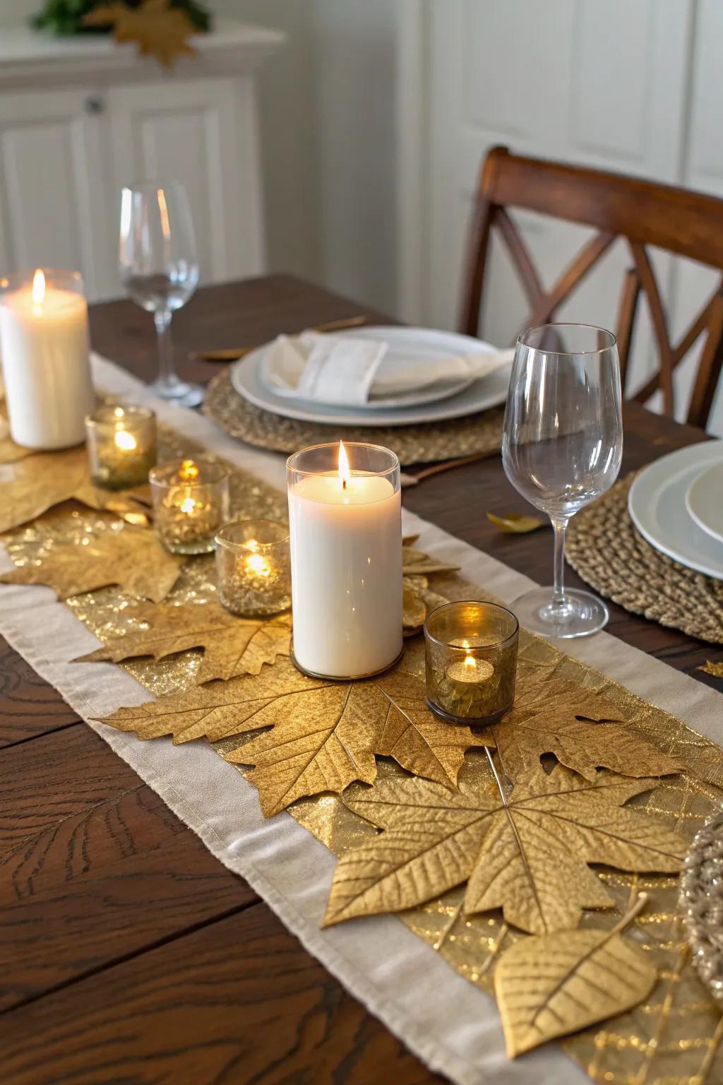 An enchanting gilded fabric runner enriched with glowing candles.