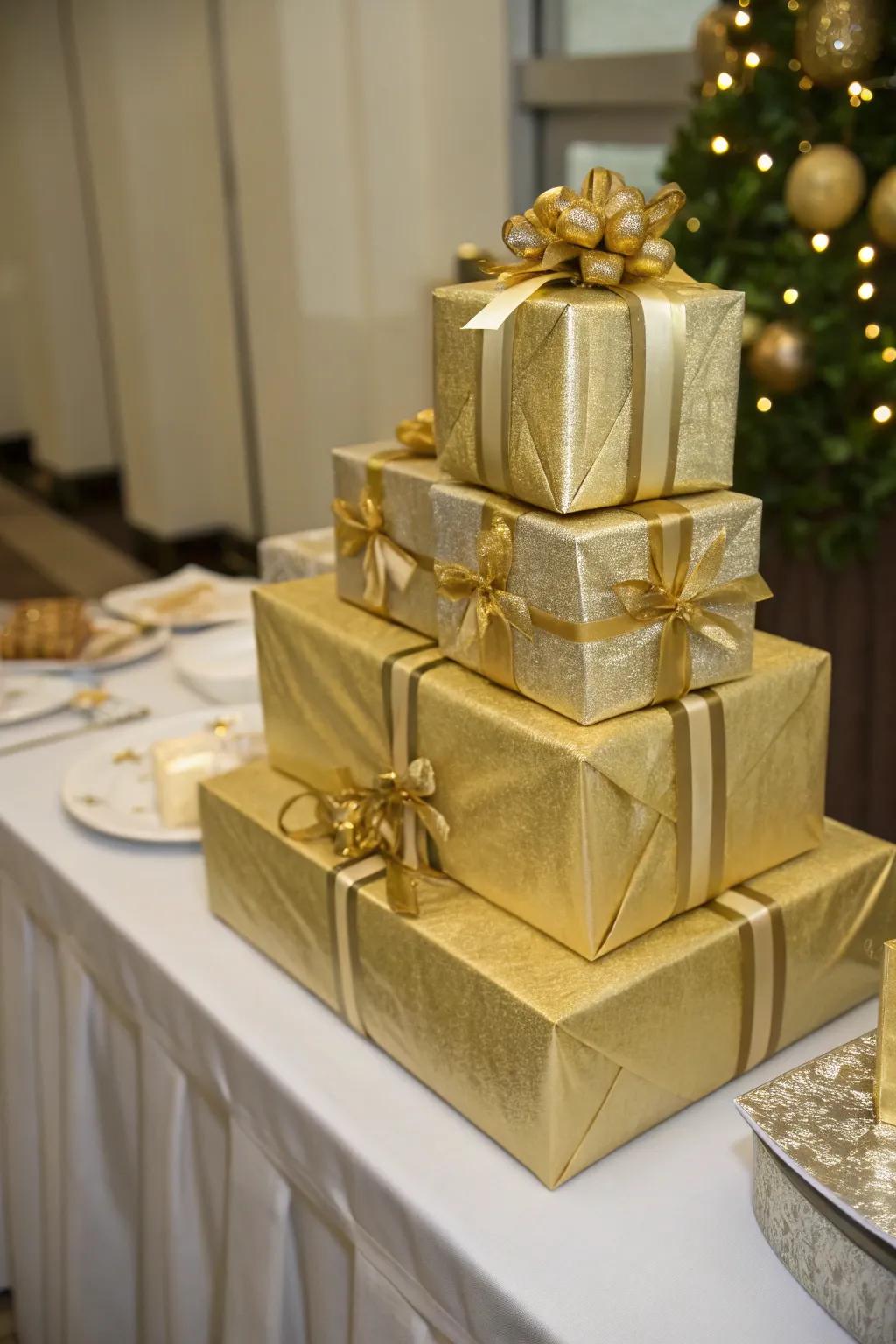 Presents enveloped in gold, enhancing the festive atmosphere.