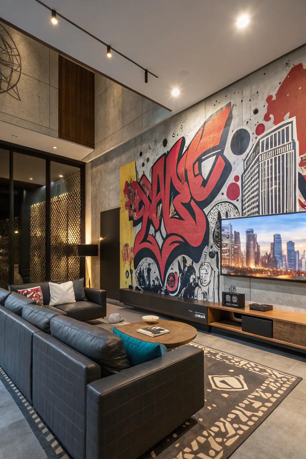 Vibrant urban art infuses the space with color.