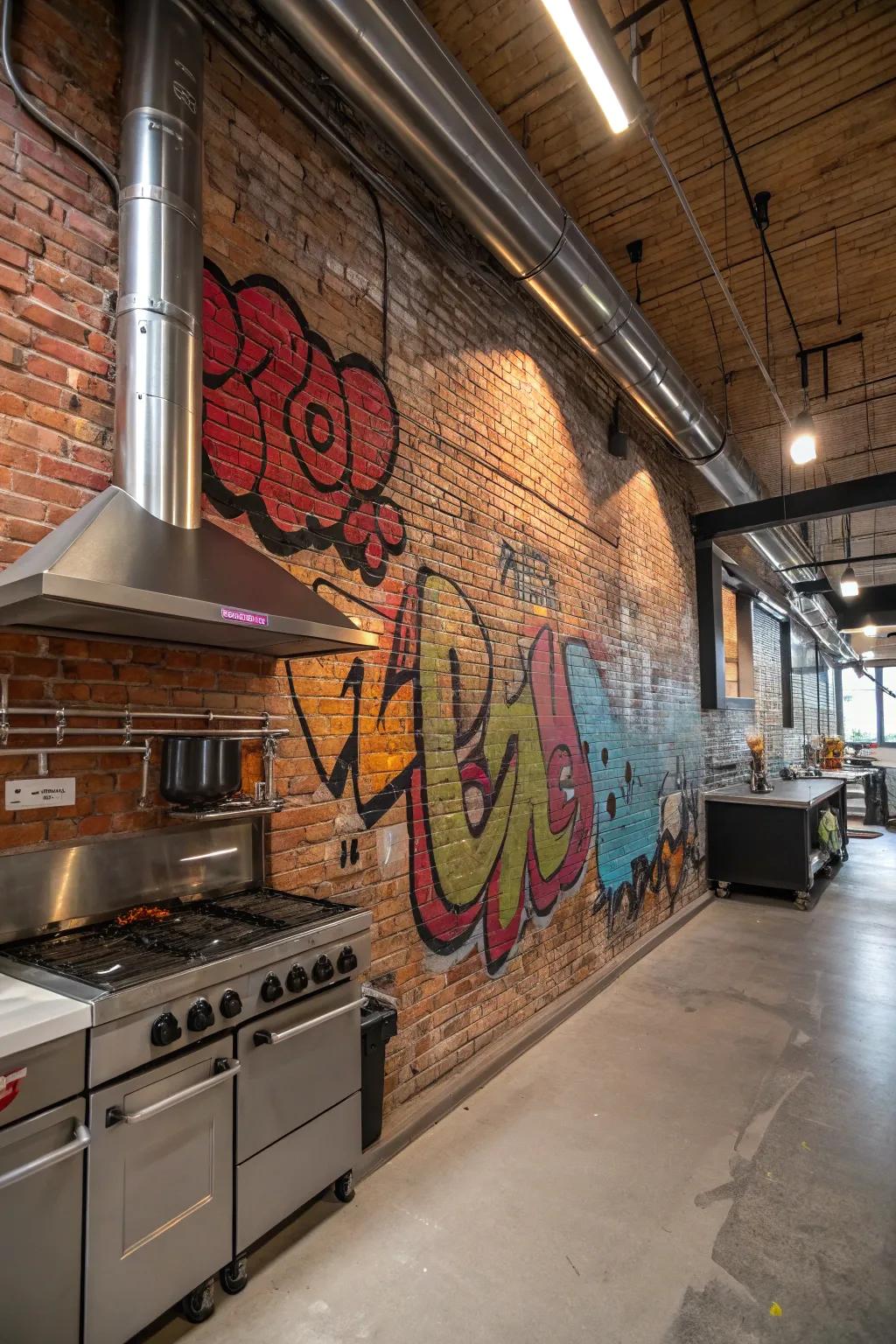 Graffiti on a brick wall enhancing an industrial kitchen