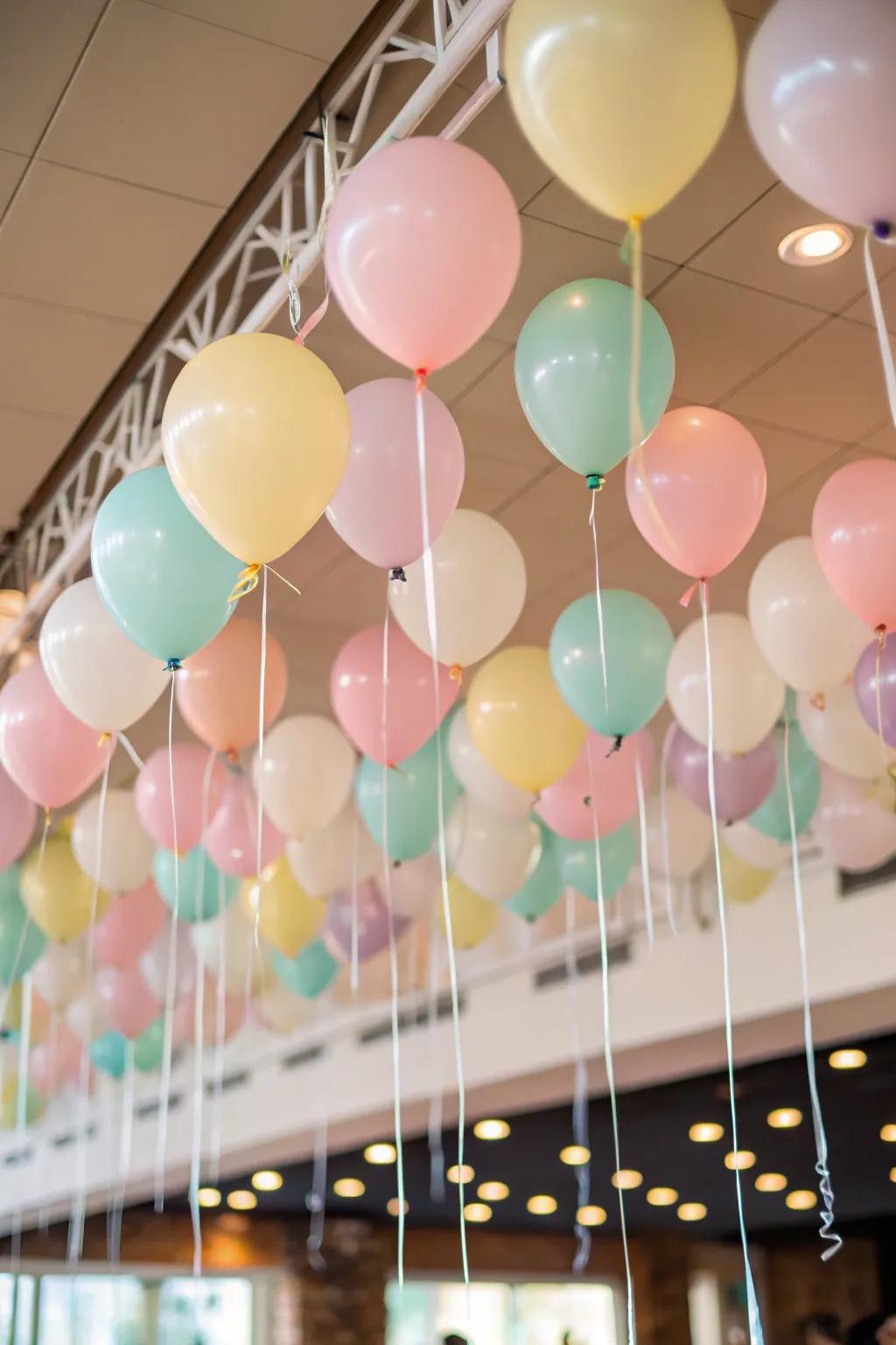 Overhead balloons transform the ceiling into a captivating display.