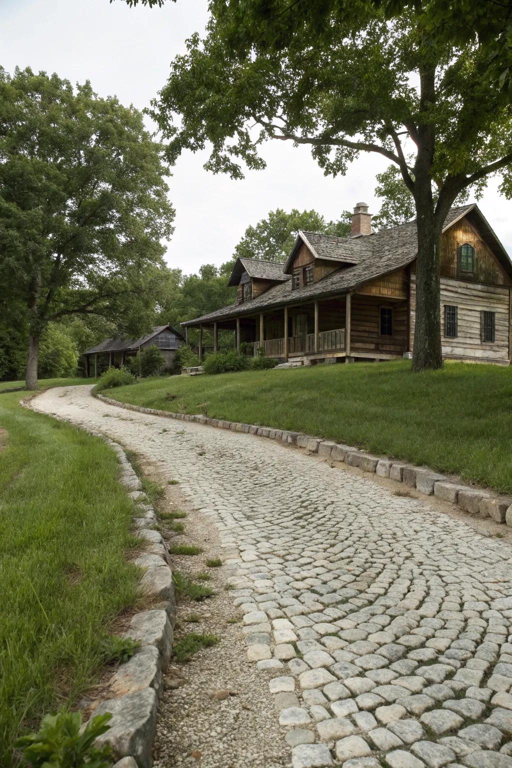 Cobblestone trim introduces a rustic sophistication to a gravel pathway.