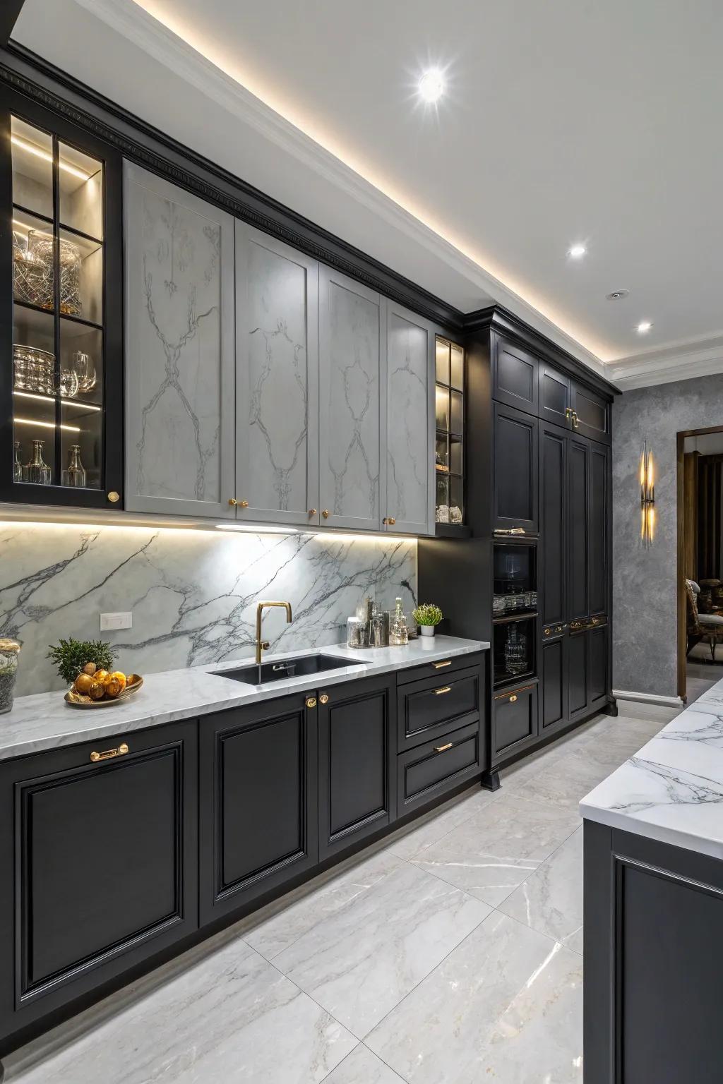 Marble countertops elevate the kitchen’s elegance.