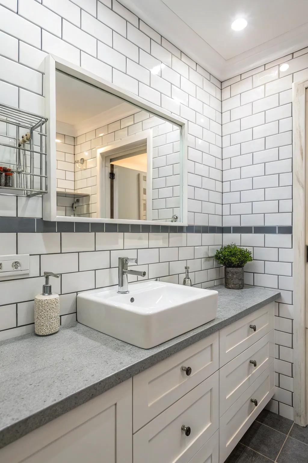 White metro-style tiles with gray grout offer a classic beauty.