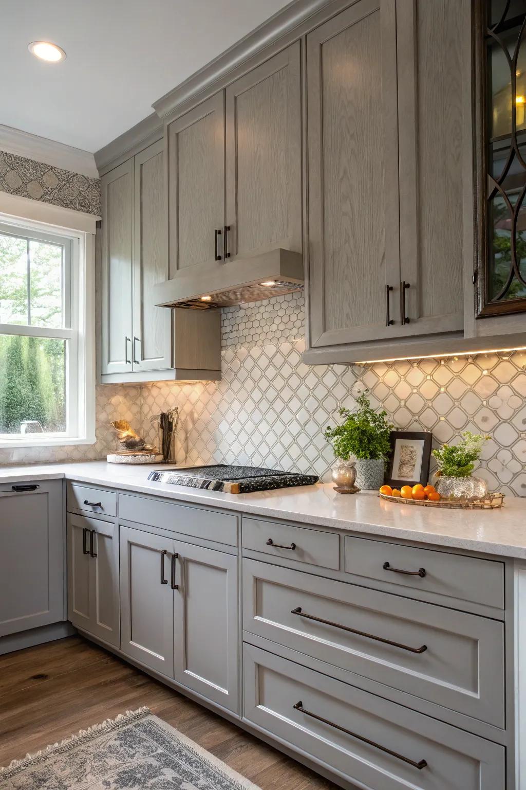 Textured tiles blend seamlessly with the sleek finish of gray cabinets.