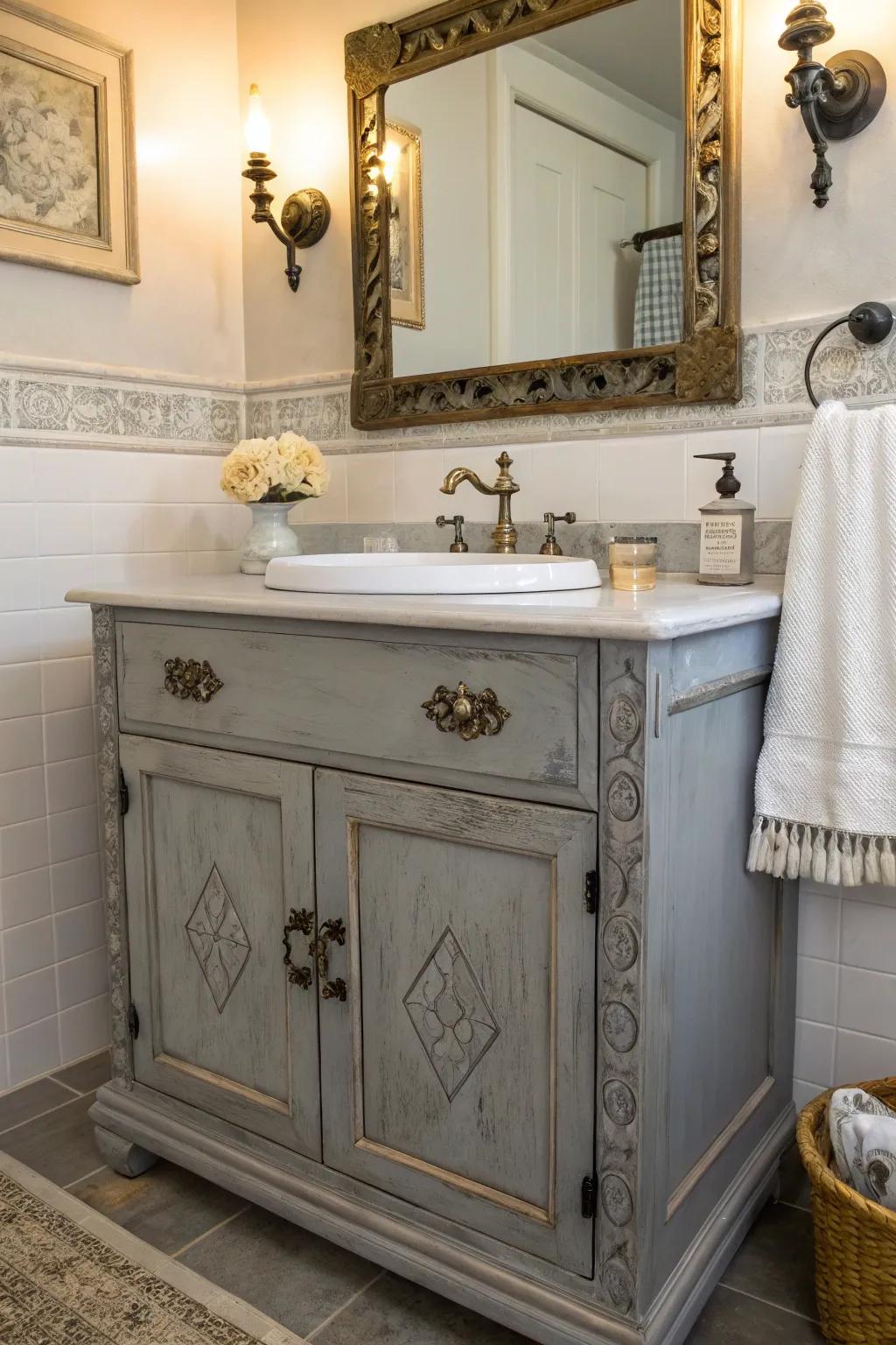 A classic gray vanity adding timeless charm to the bathroom.