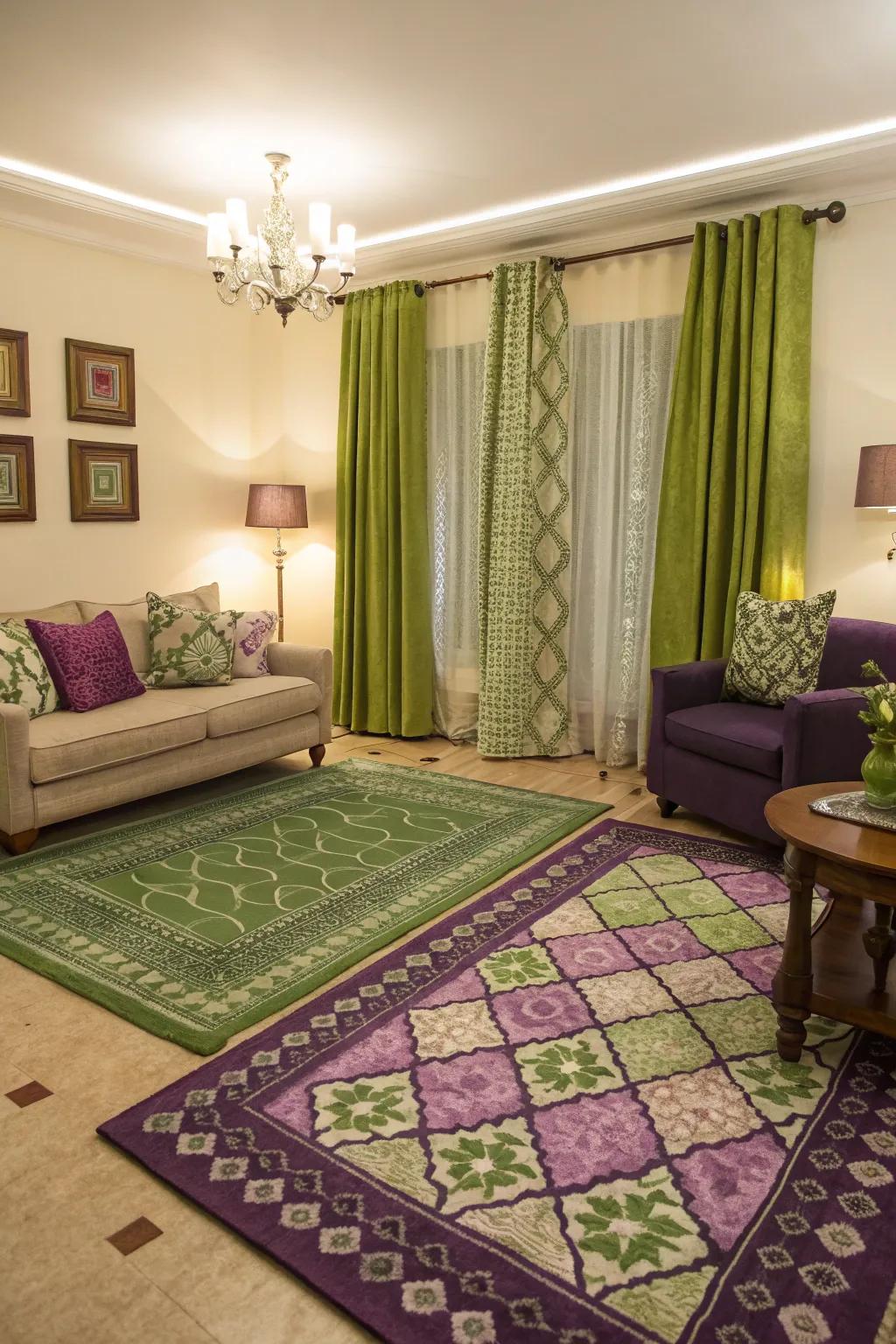 Patterned rugs and hangings enriching the chamber's chromatic blueprint.