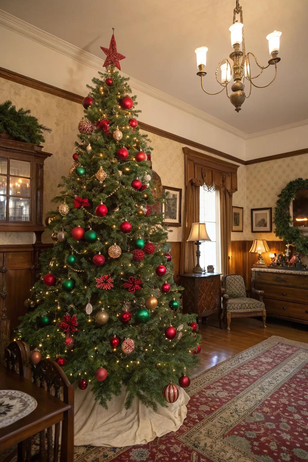 A charming vintage-themed Christmas tree with red and green ornaments.