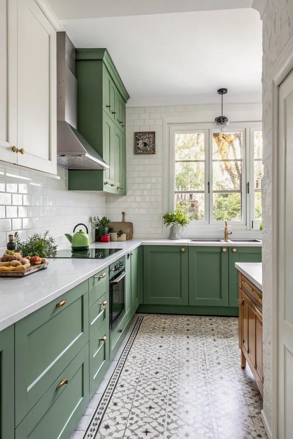 Sharp white walls setting off green cabinets for a crisp visual.