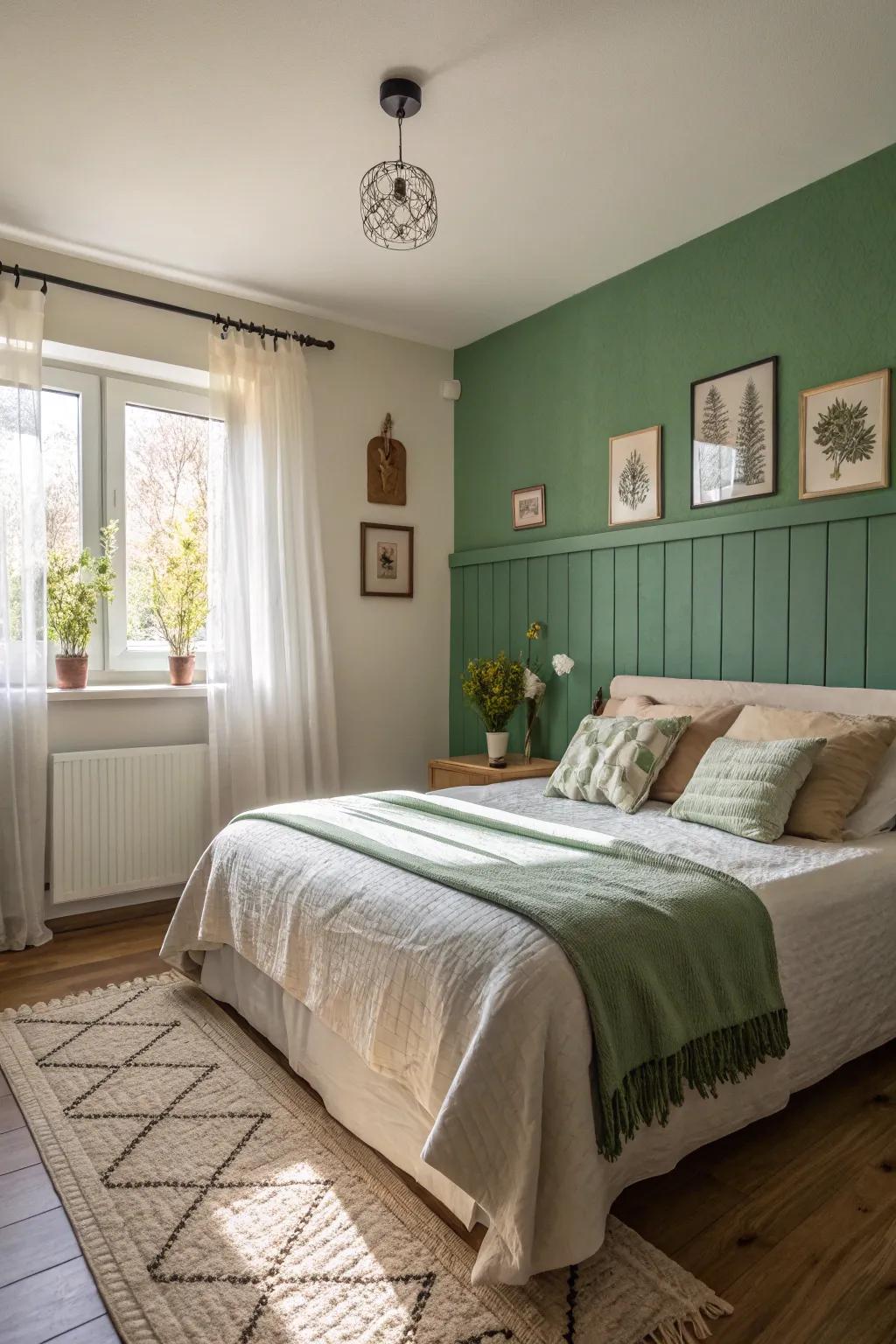 A deep green feature wall creating an inviting and cozy bedroom ambiance.