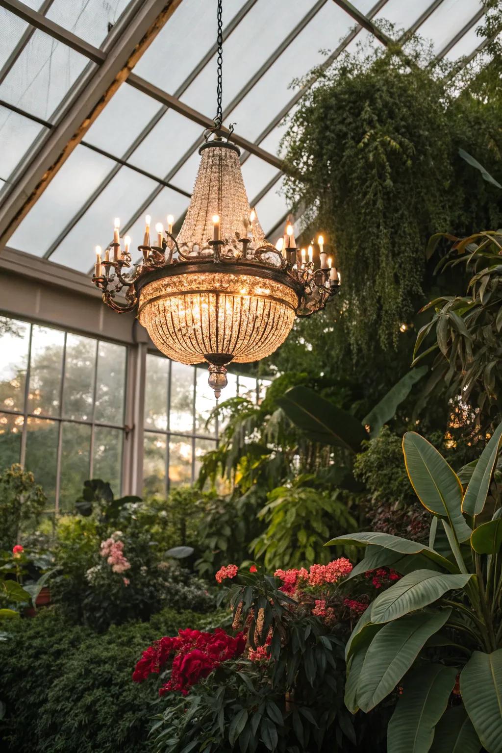A chic chandelier adds sophistication to a greenhouse environment.