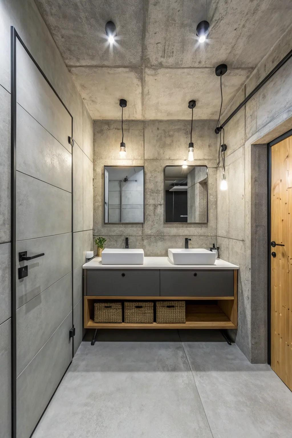 Cement grey cultivates an urban minimalist aesthetic in this minimalist bathroom.