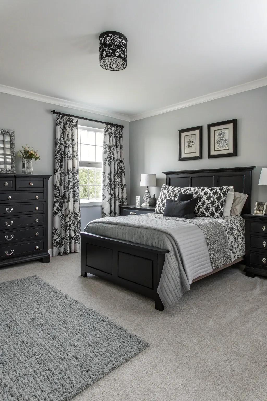 A monochrome color scheme provides this grey carpeted bedroom a contemporary, refined appeal.