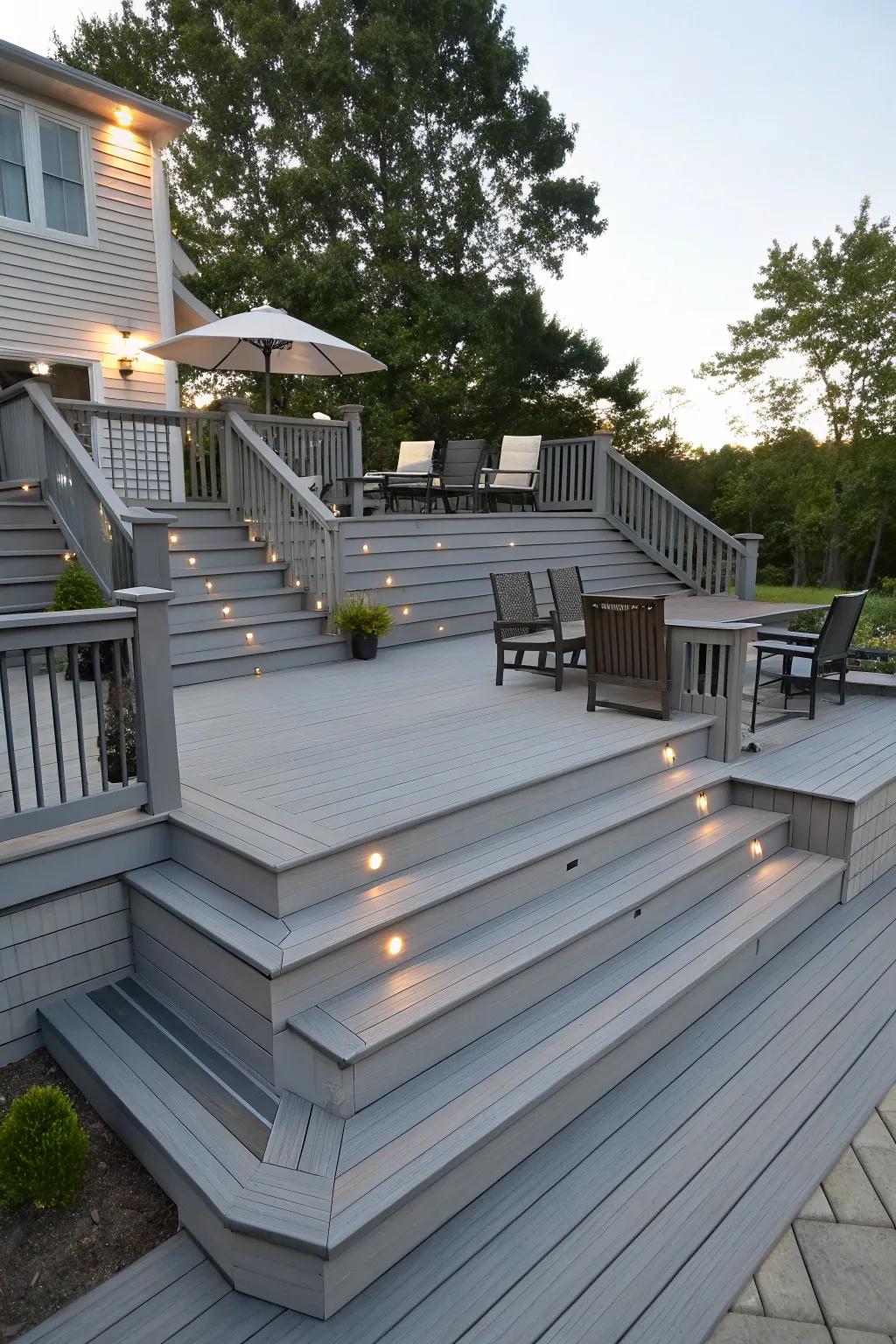 Multi-level grey deck creating distinct functional areas.
