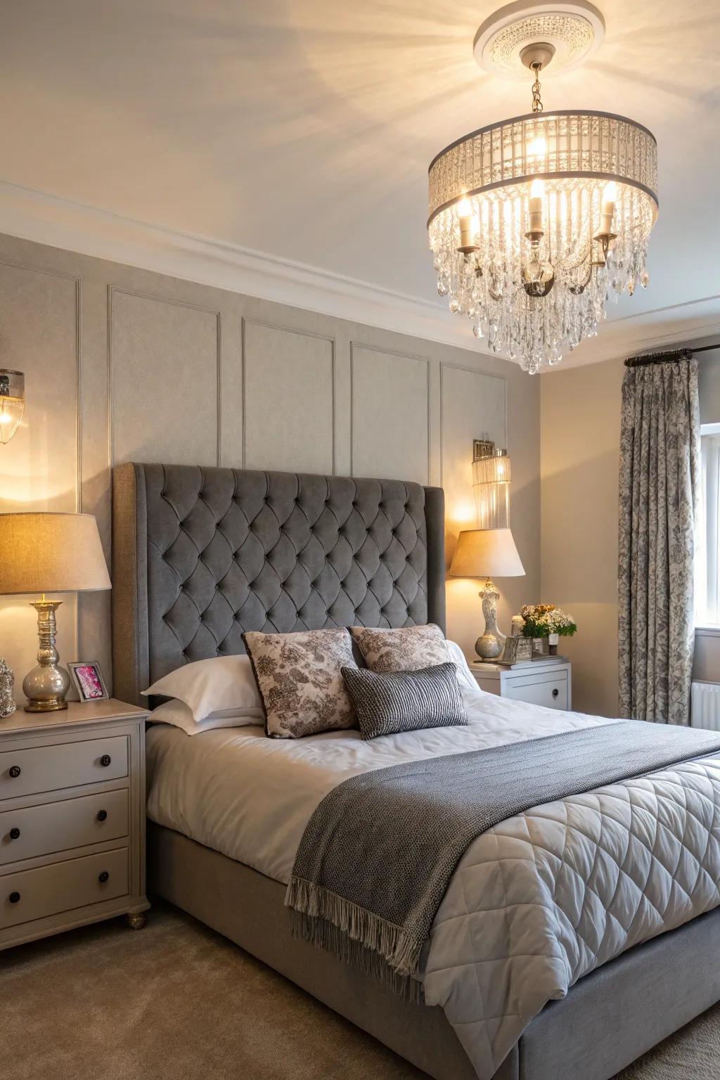 A bedroom with a grey headboard, illuminated by a combination of chandelier and lamps.