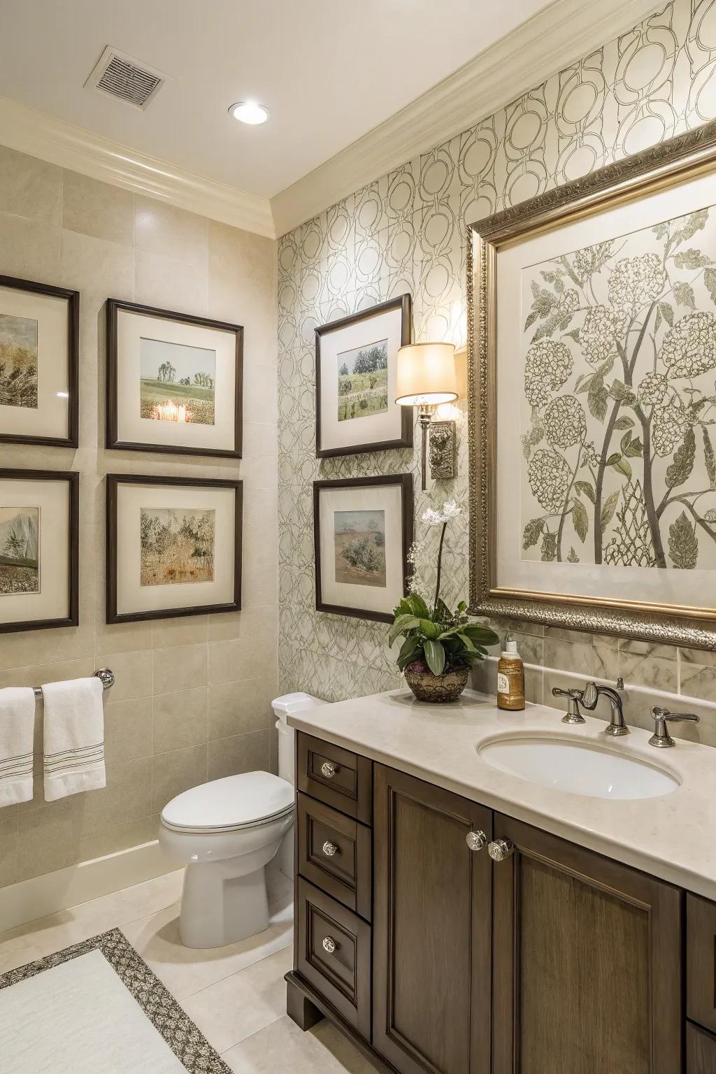 A guest bathroom adorned with elegant wall art, adding a personal touch.