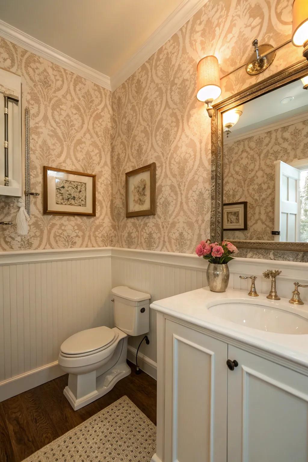 Wainscoting adds depth and texture to wallpapered walls.