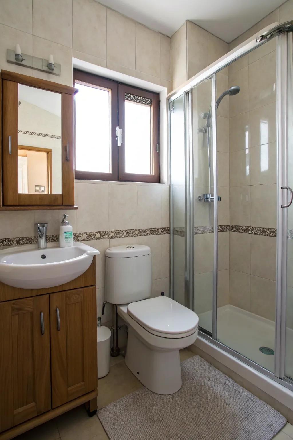 A cleverly designed compact bathroom arrangement.