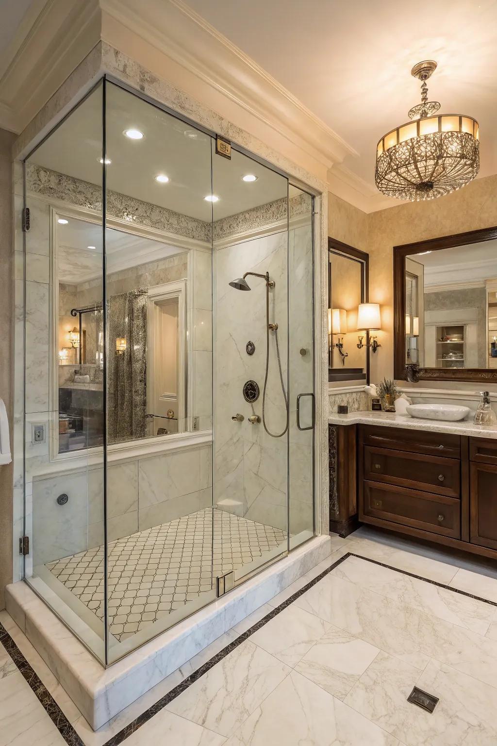 A step-free shower metamorphoses a hall bathroom into a spa-resembling retreat.