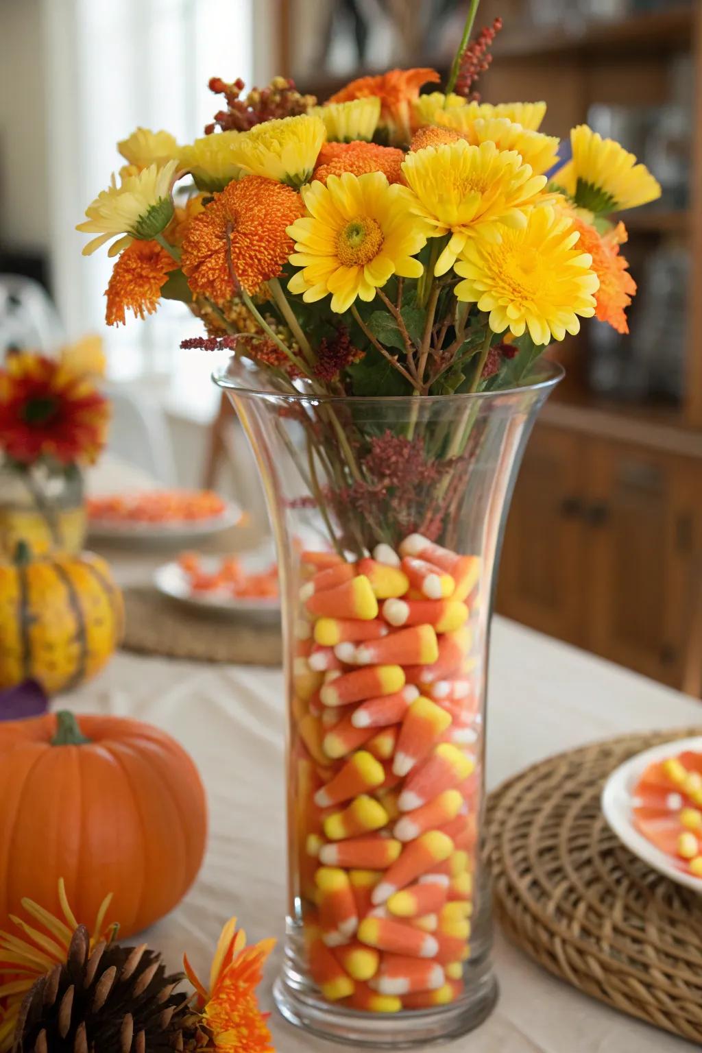 Stratified tri-color sweets infuse a playful element into this Halloween bouquet.