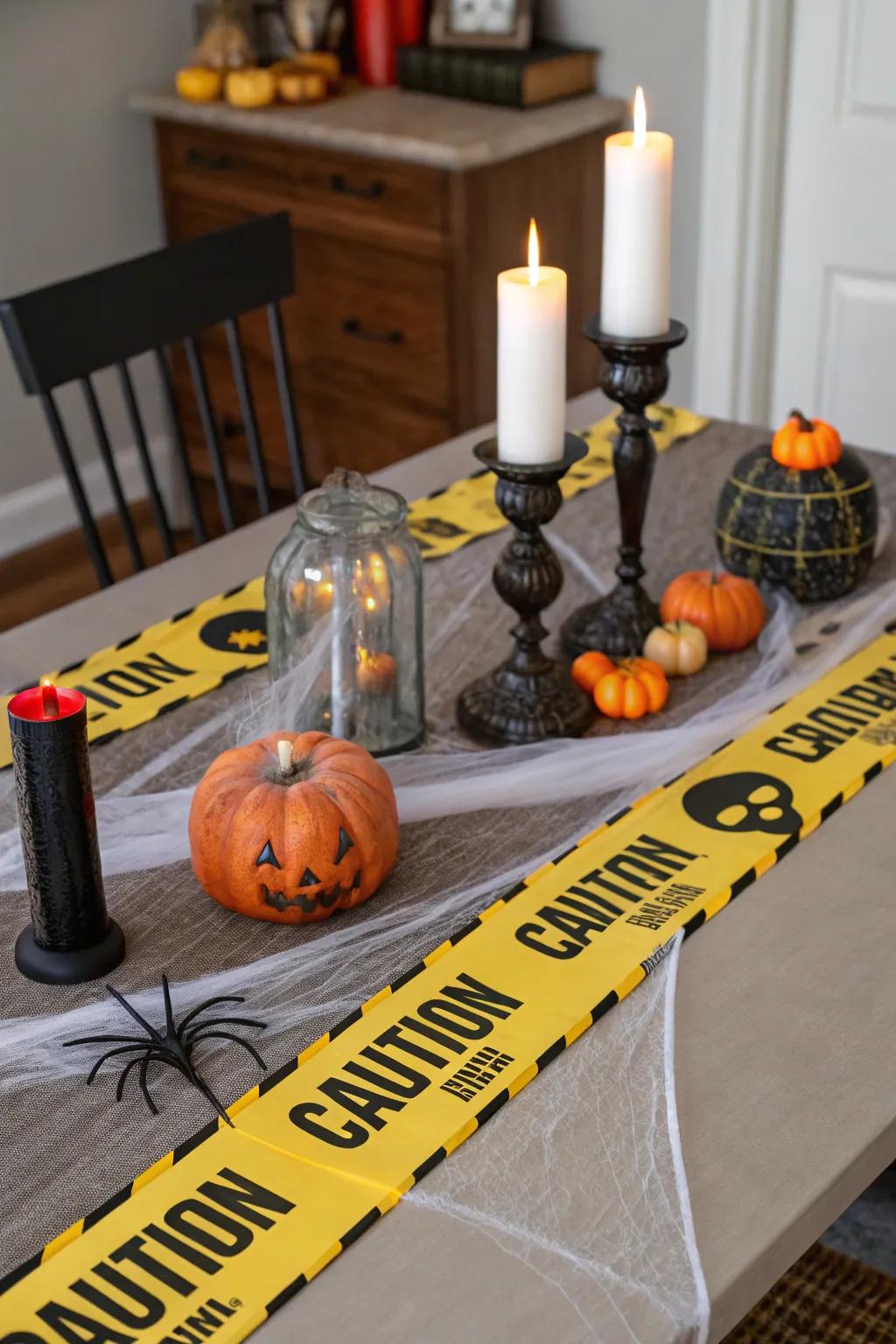 An eerie table display employing hazard tape as a runner.