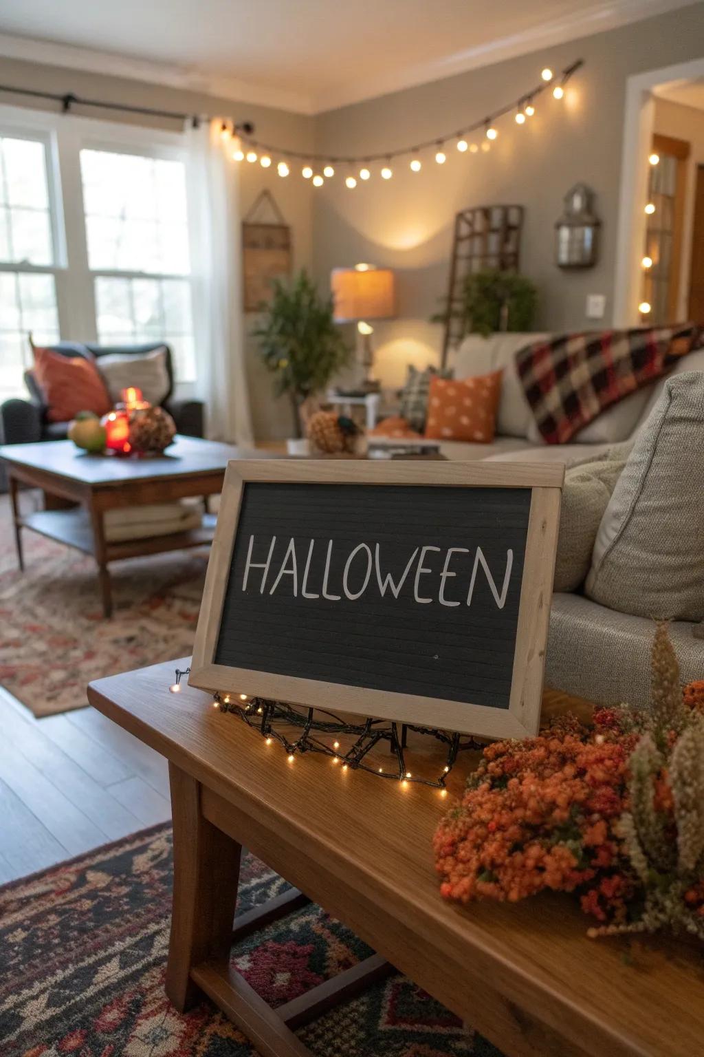 A versatile chalkboard sign with a Halloween message.