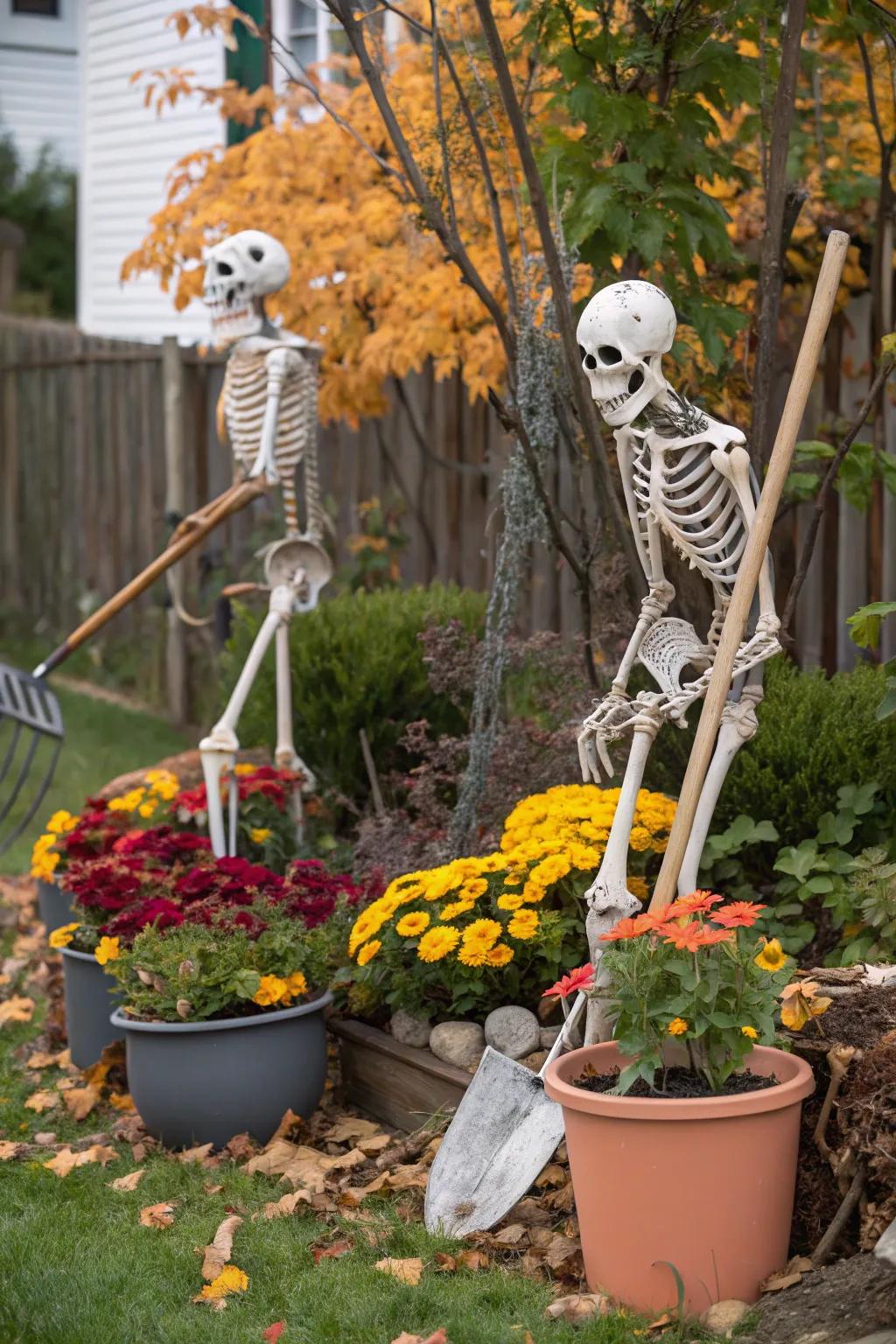 Horticultural skeletal figures append a playful constituent to your exterior Halloween adornment.