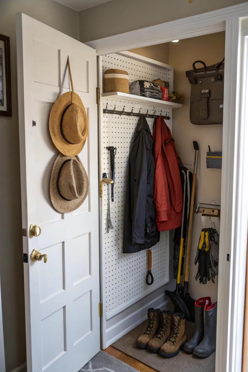 A perforated board mounted on the inside of a hallway closet door and employed for hanging accessories.