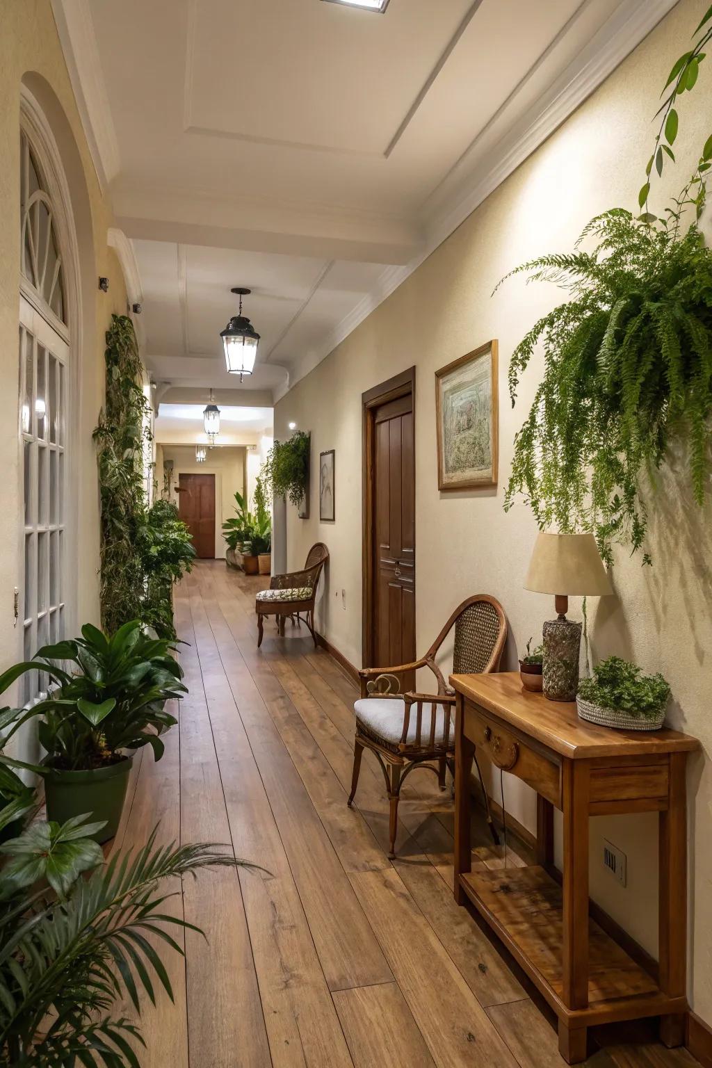 Lumber tones append an inherent and welcoming touch to corridors.