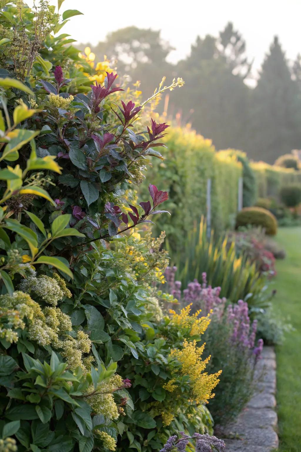 Mixed planting hedges present texture and visual interest