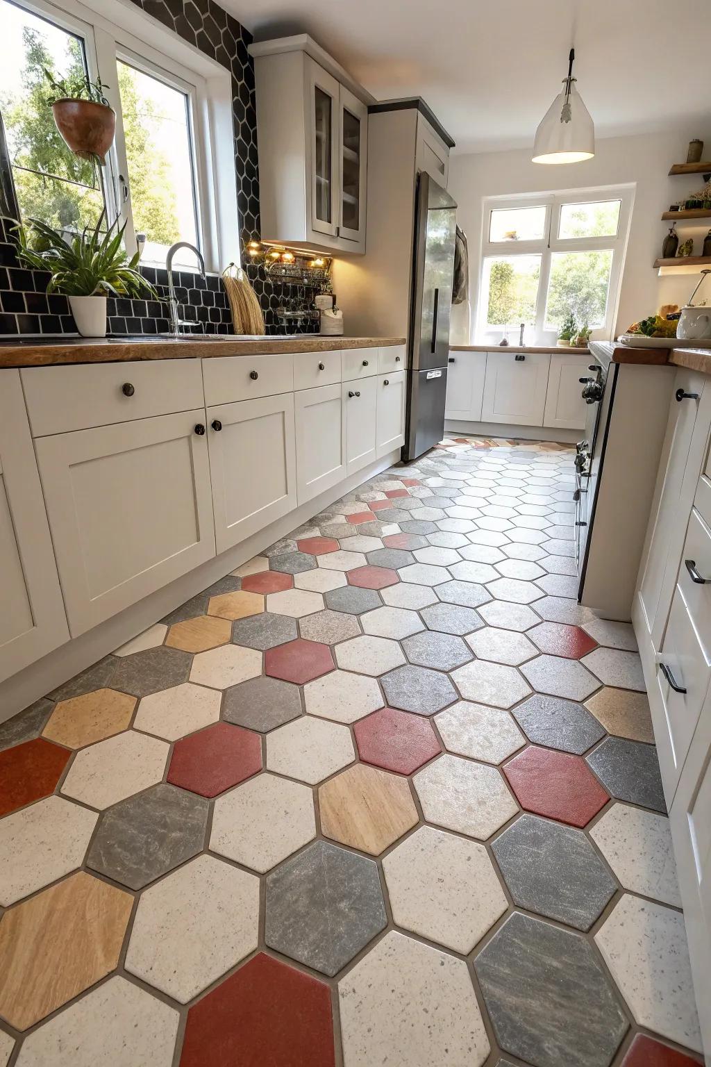 A geometric tile floor can serve as a standout element in your kitchen.
