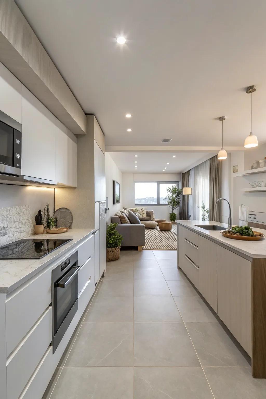 Minimalist design ensures a smooth flow from the kitchen into the living area.
