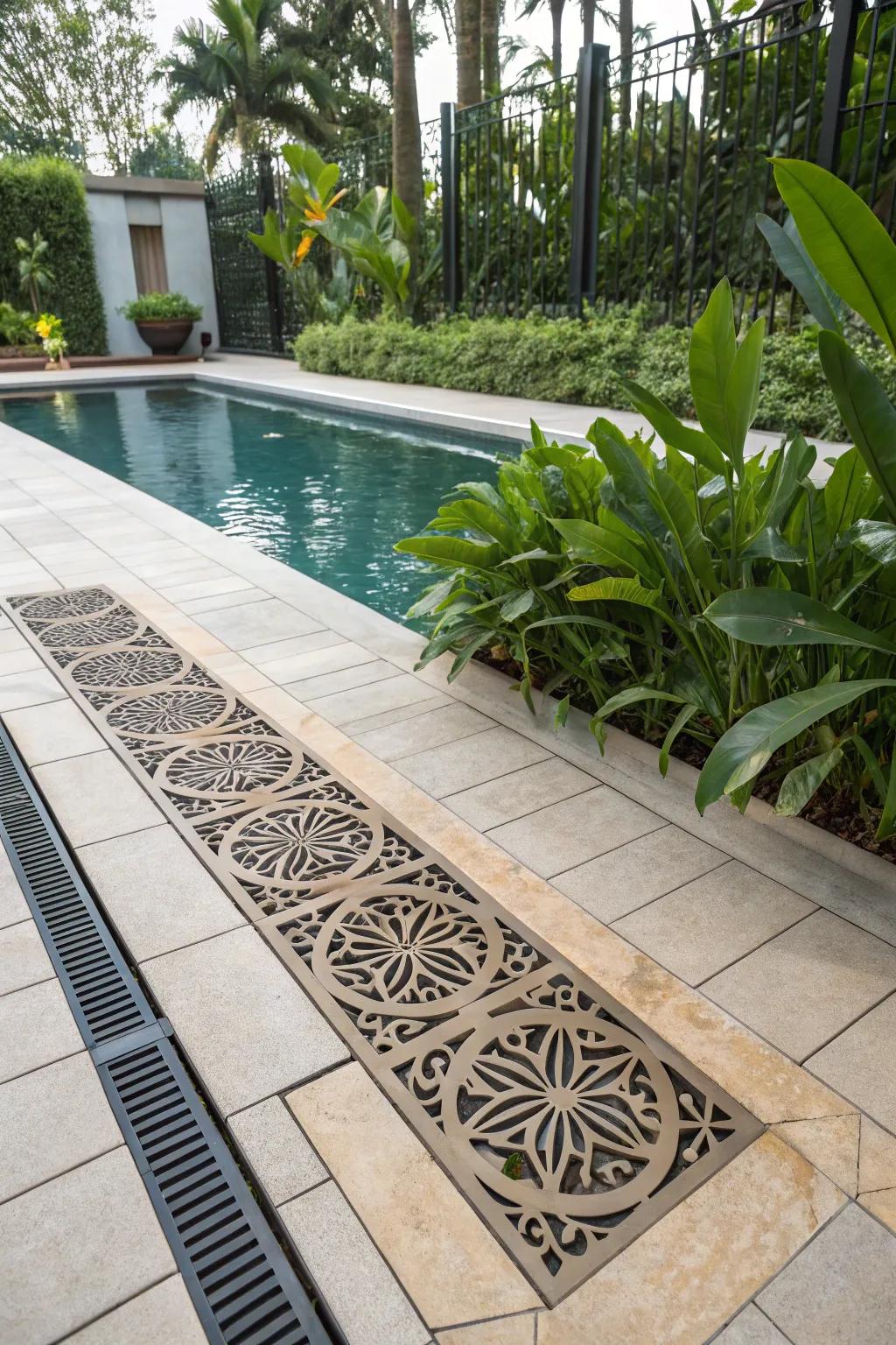 Artistic adorned grates introduce an unexpected aesthetic element to the deck.